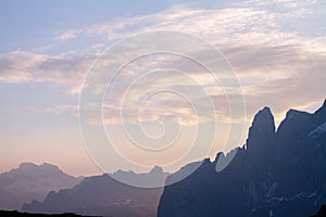 Silhouette of the Sella and Dolomites during Sundown in SÃÂ¼dtirol, ALlo Adige photo