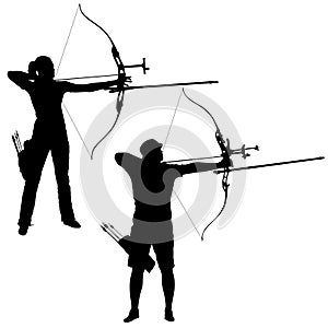 Silhouette set attractive male and female archer bending a bow and aiming in the target