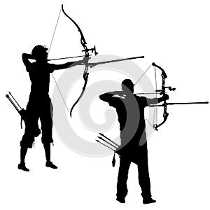 Silhouette set attractive male and female archer bending a bow and aiming in the target