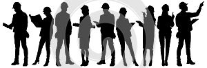 Silhouette set of male and female workers with helmets and vests