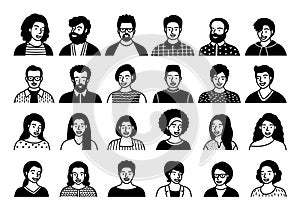 Silhouette set of persons, avatars, people heads of different ethnicity and age in flat style. Multi nationality social