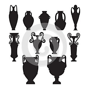 Silhouette set sketch of ceramic vases. Tall ancient Greek, Roman jar with two handles and a narrow neck. Vintage ceramic amphora