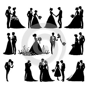 Silhouette set of wedding couples