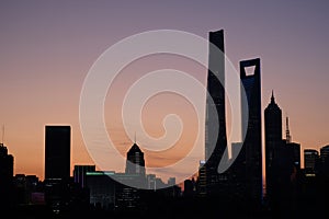 Silhouette of Shanghai Pudong Lujiazui landmark buildings at sunset