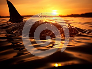 The silhouette of a shark fin cutting through the water at sunset, a stark and powerful image of iconic predator.