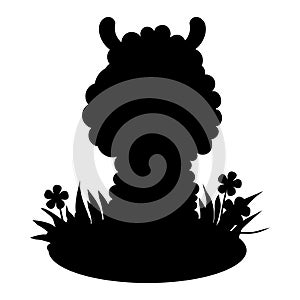 Silhouette sheep in grass with flowers. Black hand drawn drawing of farm small animal. Vector illustration