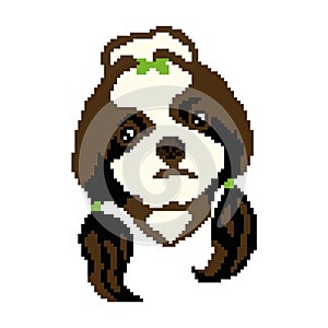 Silhouette of a Shih Tzu breed dog with green bows. Muzzle dog head drawn squares, pixels. Portrait of a Shih Tzu breed dog