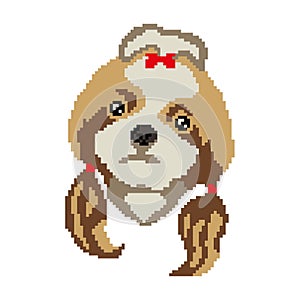 Silhouette of a Shih Tzu breed dog with red bows. Muzzle dog head drawn squares, pixels. Portrait of a Shih Tzu breed dog
