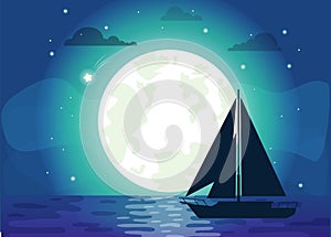 Silhouette of Ship with Moon Vector Illustration