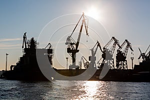 Silhouette shipyard have crane machine, Shipyard industry