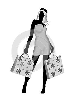 Silhouette of shopping girl on a white