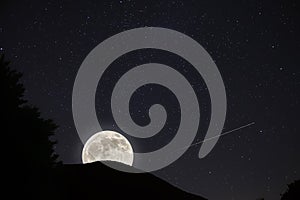 Silhouette shot of a tree, a hill with glowing full moon and shooting star in a starry night sky