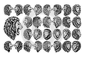 Silhouette of side view roaring lion head illustration design set