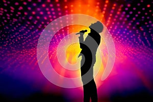 Silhouette of a singer on stage with a colorful light show in the background. Generative AI