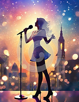 silhouette of a singing girl with a microphone on a podium