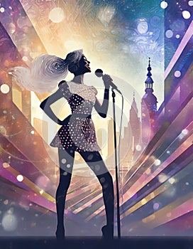 silhouette of a singing girl with a microphone on a podium