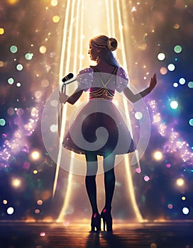 silhouette of a singing girl with a microphone on a podium