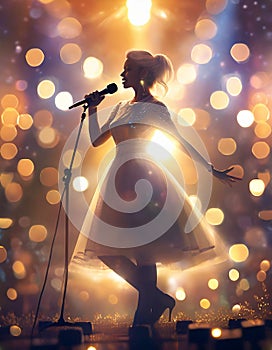 silhouette of a singing girl with a microphone on a podium