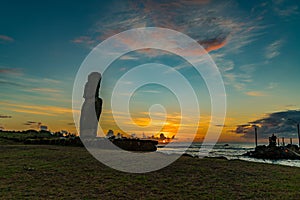 Silhouette of single Moai at Fisherman Port in The Village of Hanga Roa