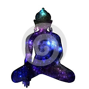 Silhouette of sitting Buddha with space and stars isolated on white background. The symbol of Hinduism, Buddhism, spirituality