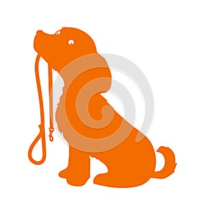 Silhouette of a sitting dog holding it's leash in its mouth, patiently waiting to go for a walk.