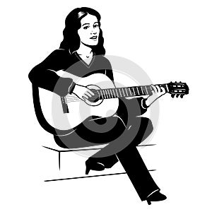 Silhouette of sitting woman playing on acoustic guitar and singing. Black and white stencil vector clipart.