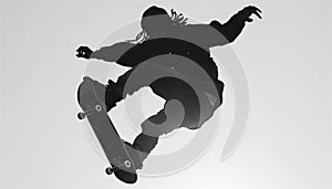 silhouette of skateboarder mid-air executing trick against clear sky. The bold contrast emphasizes dynamic movement, capturing