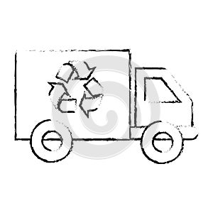 Silhouette sketch blurred transport truck with vagon and recycling symbol