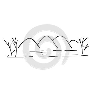 Silhouette sketch landscape with river and mountains