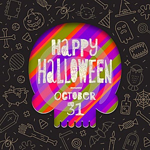 Silhouette of a skull cutout in paper on a background with linear halloween signs and symbols.