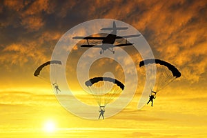 Silhouette skydiver parachutist landing