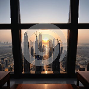 A silhouette of skyline of Dubai at sunset framed by an arch-shaped seating shade. made with Generative AI