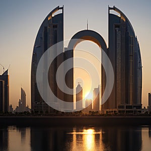 A silhouette of skyline of Dubai at sunset framed by an arch-shaped seating shade. made with Generative AI