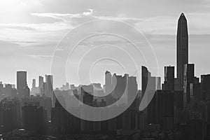 Silhouette of skyline of Shenzhen city, China under sunset. Viewed from Hong Kong border