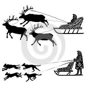 Silhouette of sled and sleigh pulled by reindeer and dogs