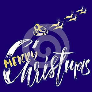 Silhouette Sleigh of Santa Claus and Reindeers. Merry Christmas Lettering. Vector inscription.