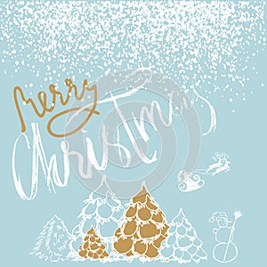 Silhouette Sleigh of Santa Claus and Reindeers. New Year fir. White and Gold Lettering. EPS10