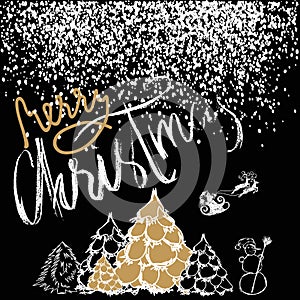 Silhouette Sleigh of Santa Claus and Reindeers. New Year fir. White and Gold Lettering. White confetti. EPS10