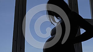 Silhouette Of Slim Pregnant Woman Stroking Her Stomach Standing Near Window