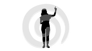 Silhouette Smiling woman in casual clothes presenting something, pushing imaginary buttons.