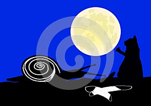 Snail and cat with masks on the ground with moon photo