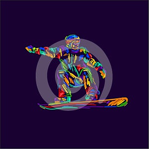 Silhouette of a snowboarder jumping isolated. Background and text on a separate layer, color can be changed in one click. Vector i