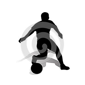 Silhouette of soccer player with the ball in motion, on white ba