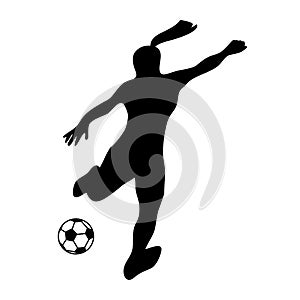 Silhouette soccer woman player. Player shooting.