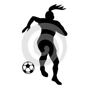 Silhouette soccer woman player. Player shooting.