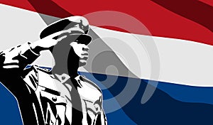 Silhouette of soldier with Netherlands flag on background.