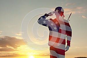 Silhouette of soldier with pattern USA flag saluting. Greeting card for Veterans Day, Memorial Day, Independence Day.