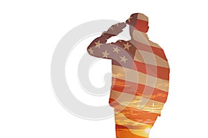 Silhouette of soldier with print of sunset and USA flag saluting isolated on white background.