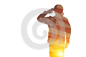 Silhouette of soldier with print of sunset and USA flag saluting isolated on white background.
