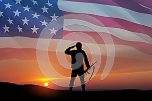 Silhouette of soldier saluting on background of USA flag. Greeting card for Veterans Day, Memorial Day.